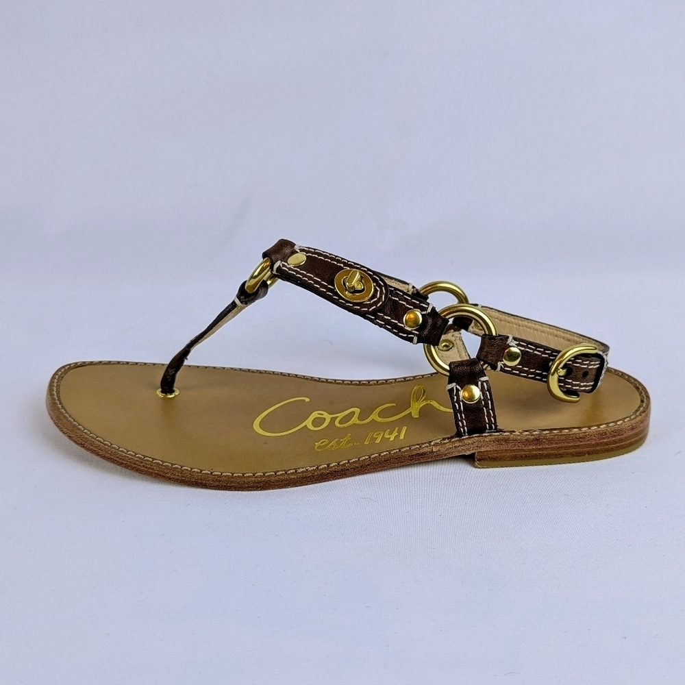 Coach Raiven Sandal Leather Flat Thong Ankle Strap Goldtone Tobacco 8.5 NWOB - Picture 2 of 14